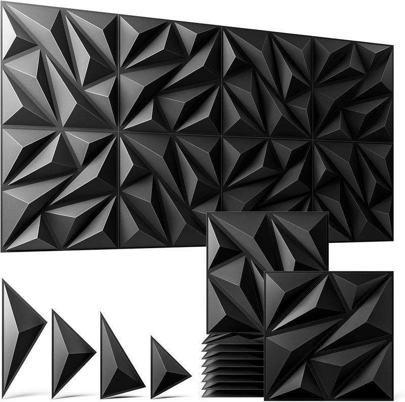 ZELMINE 48 Pack 3D Wall Panels for Interior Wall Decor, 11.8'' x 11.8'' Decorative Wall Panels, Accent Wall Panels, 3D Diamond Design Wall Decor for Living Room, Bedroom, Gaming Room, Black - Image 1